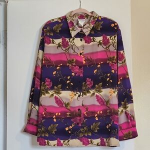 BonWorth Floral Beaded Button-Down Shirt in Purple, Hot Pink, Cream, XL